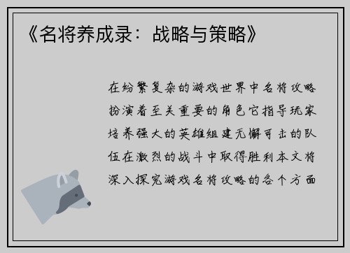 《名将养成录：战略与策略》