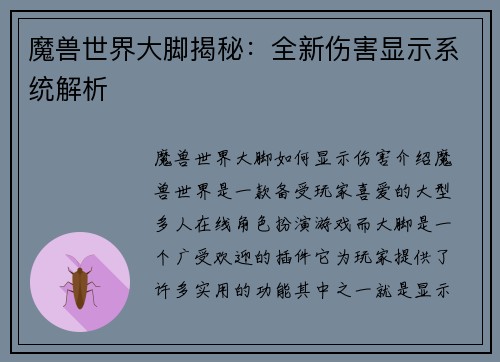 魔兽世界大脚揭秘：全新伤害显示系统解析